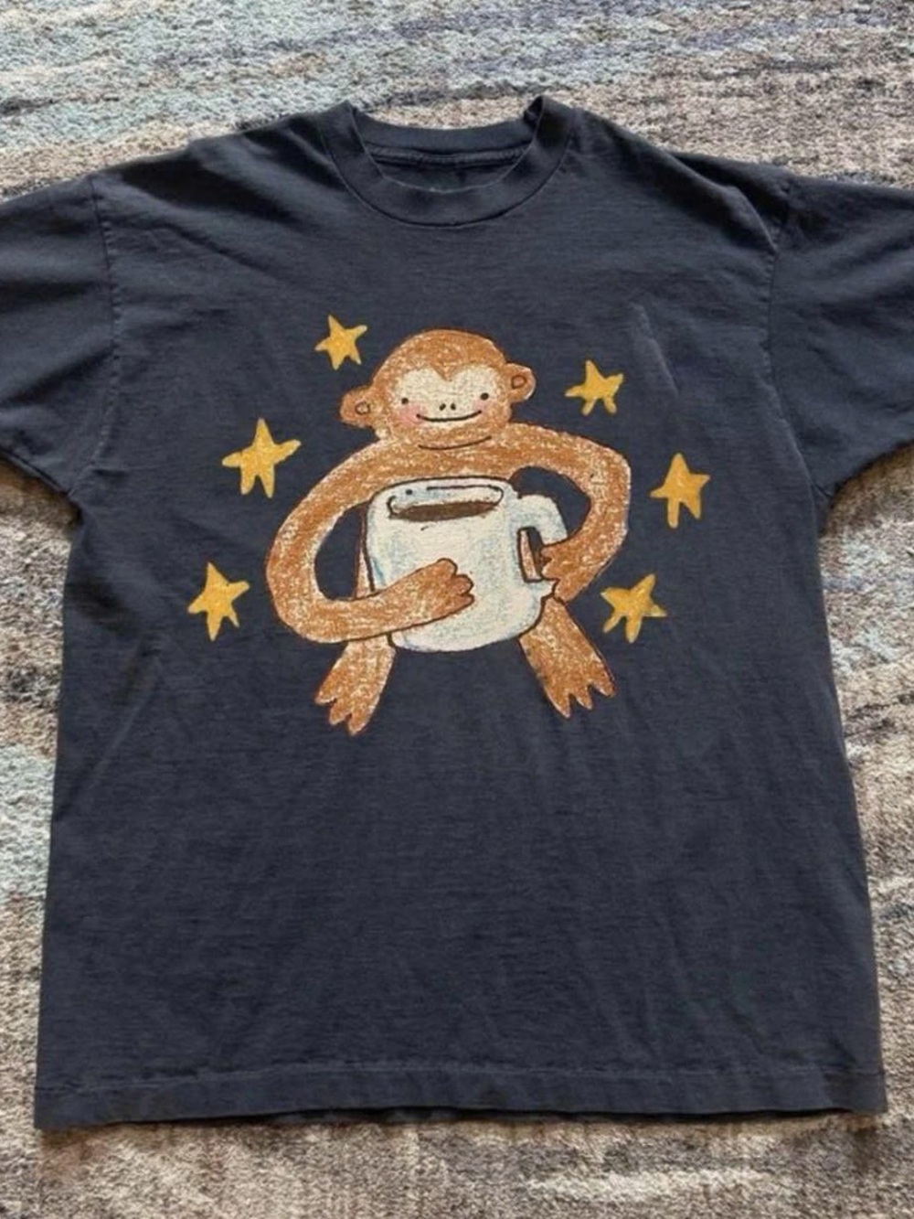 Gildan Black T-Shirt with Brown Monkey and Gold Stars Graphic